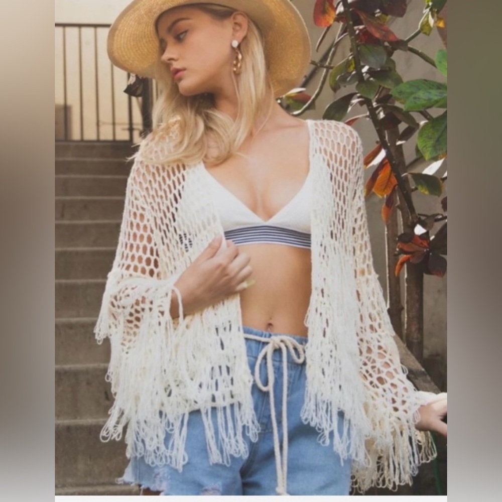 POL: Open Front cropped Crochet Cardigan with Fringe detail